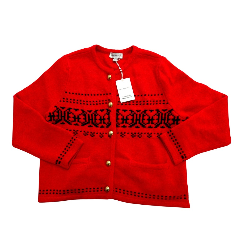 Free Assembly Womens Red Fair Isle Cardigan Sweater Gold Buttons FA021069HD25 L